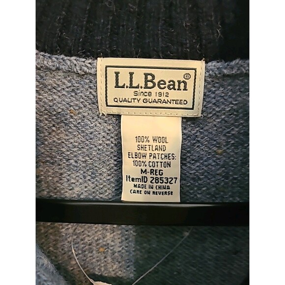 LL Bean Mens M 1/4 Zip Sweater Shetland Wool Blue Corduroy Elbow Patches Preppy - Picture 8 of 12